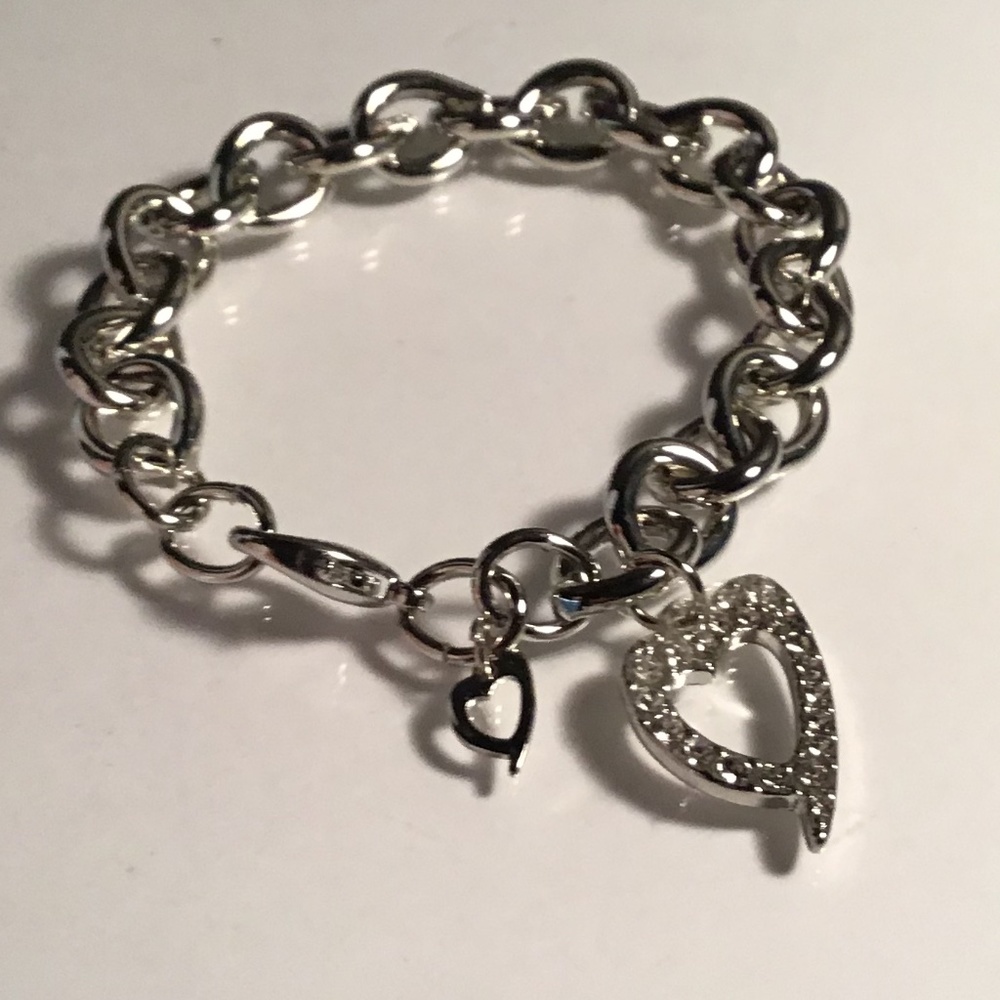 Link Bracelet With Two Heart Charms - Silver Tone